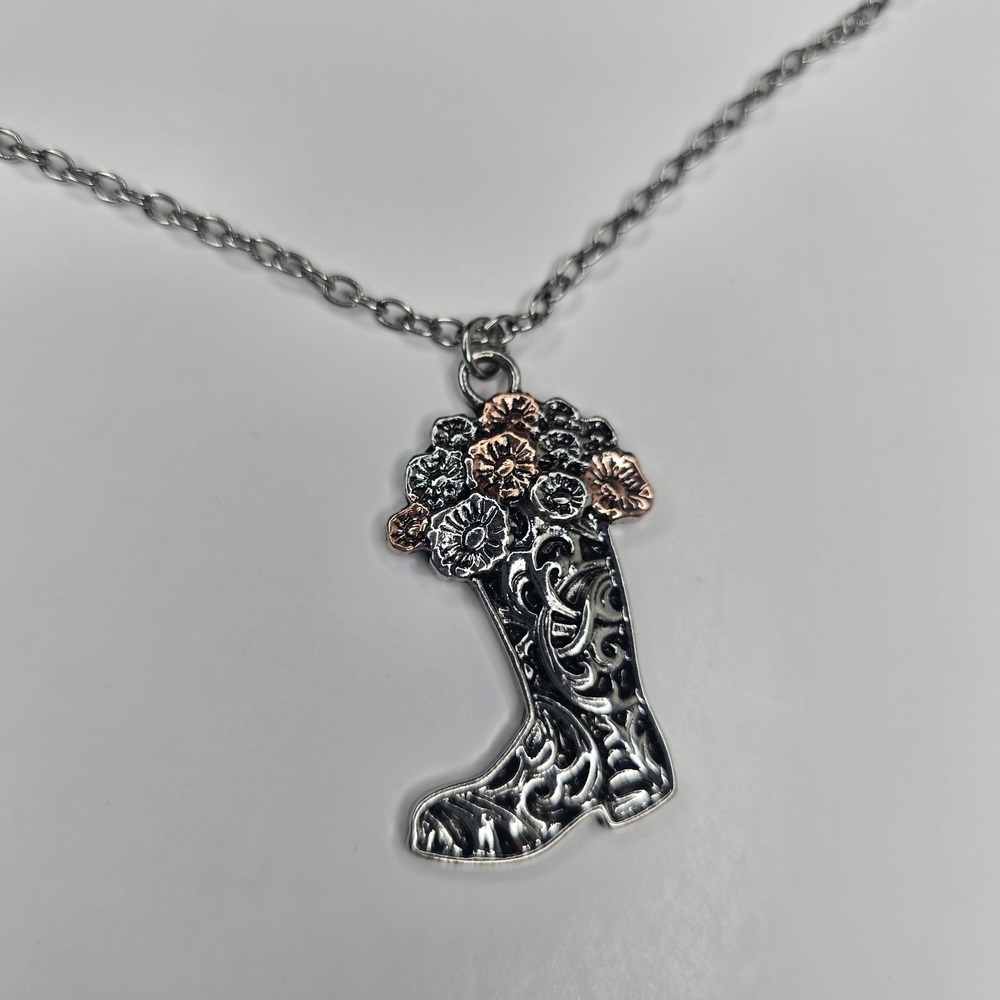 Justin Boot Pendant Necklace Silver Western Boho Cowgirl Festival Silver Floral